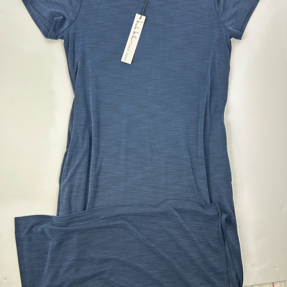 Nichole Miller New York Slate Blue Short Sleeve Maxi Dress with pockets Sz S